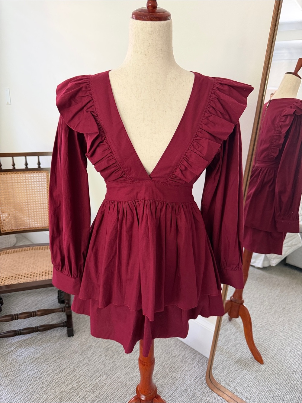 Women's Burgundy Long Sleeve Ruffle Peplum Dress